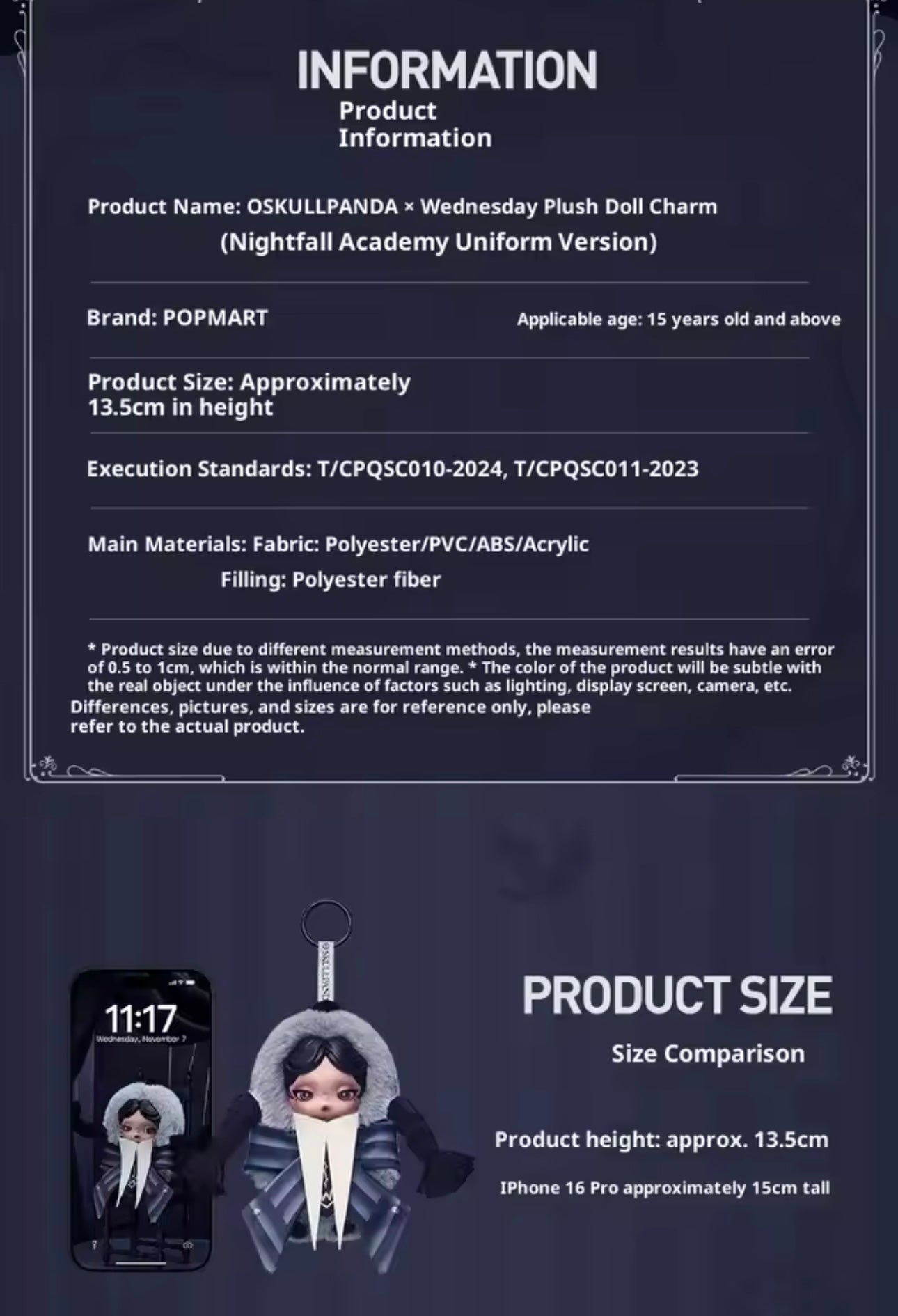 SKULLPANDA × WEDNESDAY Plush Charm (Exclusiva) - Nightfall Academy Uniform Version - Colgante de Peluche
