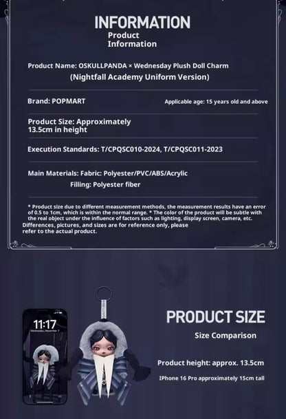 SKULLPANDA × WEDNESDAY Plush Charm (Exclusiva) - Nightfall Academy Uniform Version - Colgante de Peluche